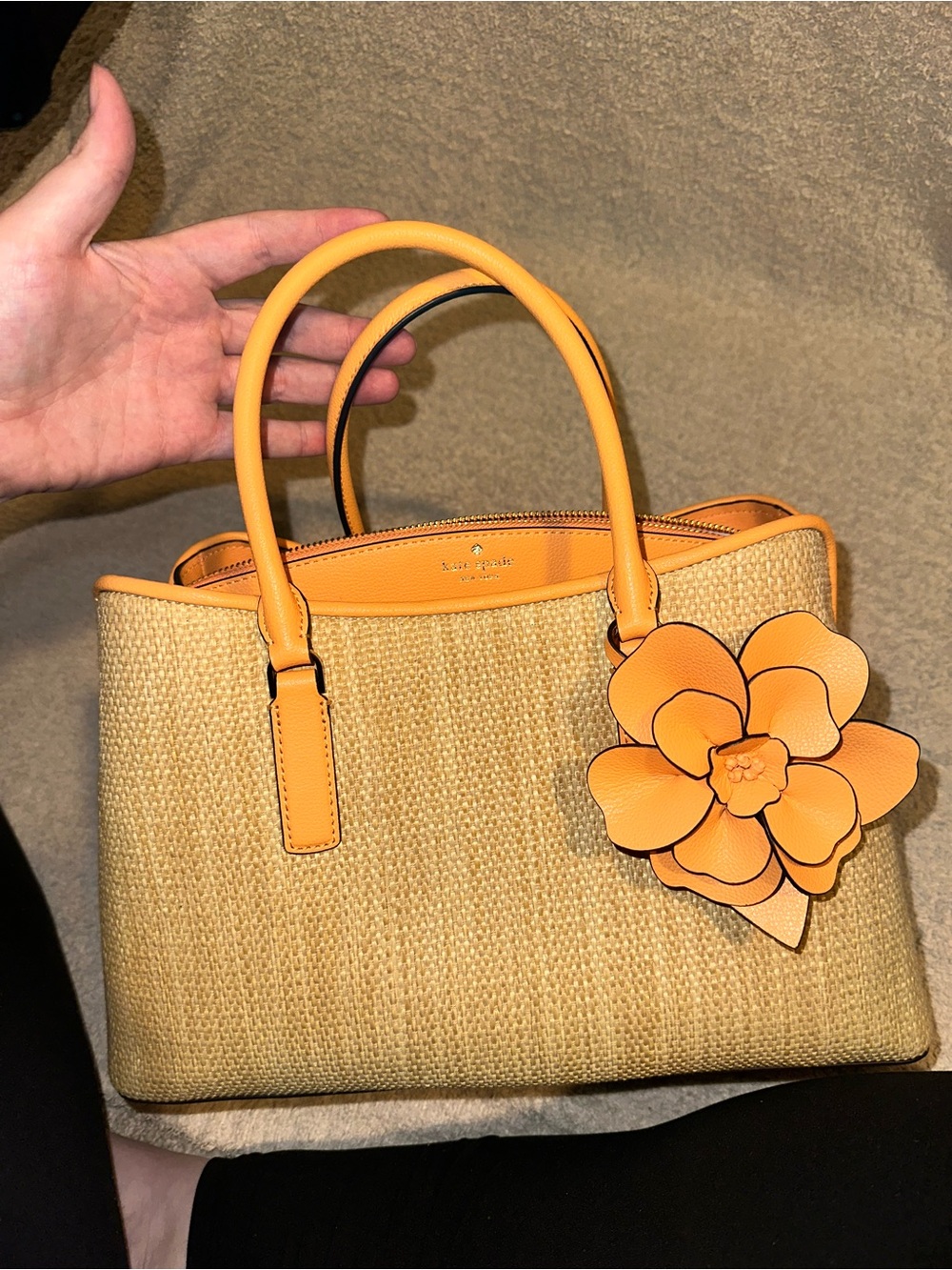 kate spade Yellow Straw Tote with Floral Charm
